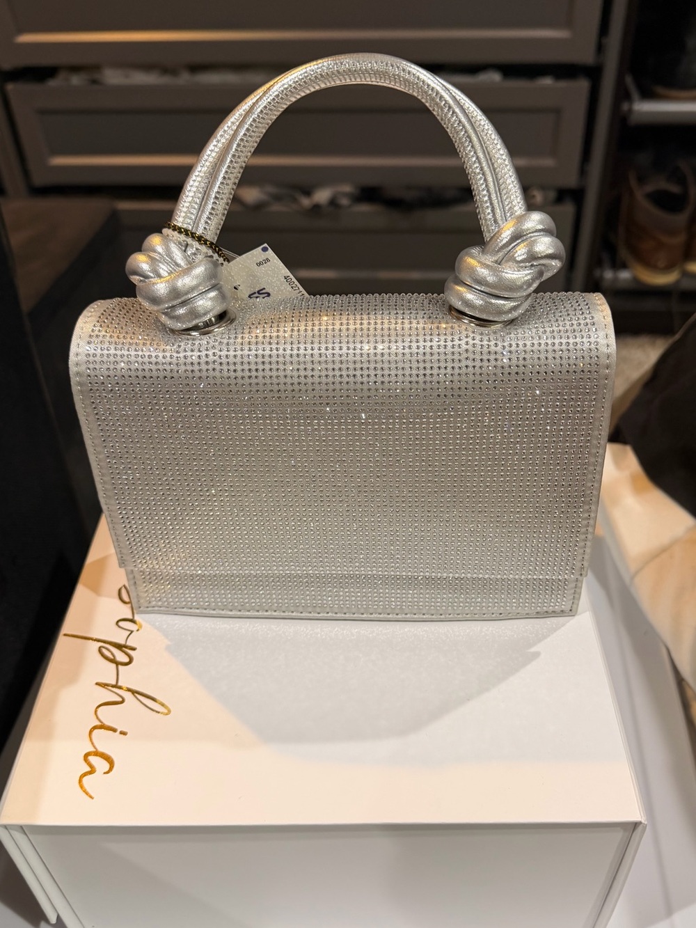Silver Crystal-Embellished Knot-Handle Evening Clutch
